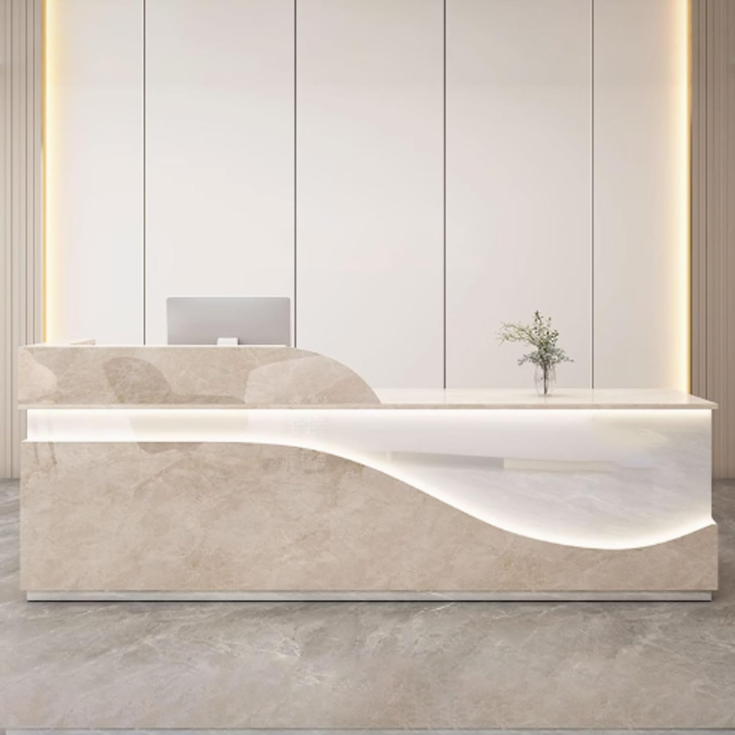 Reception Table, Empfangstheke Rezeption, Reception Desk Salon, Empfangstresen Holzwerkstoff mit Lichtstreifen für Lobby, Schönheitssalons(Beige Texture+White,1.3m)