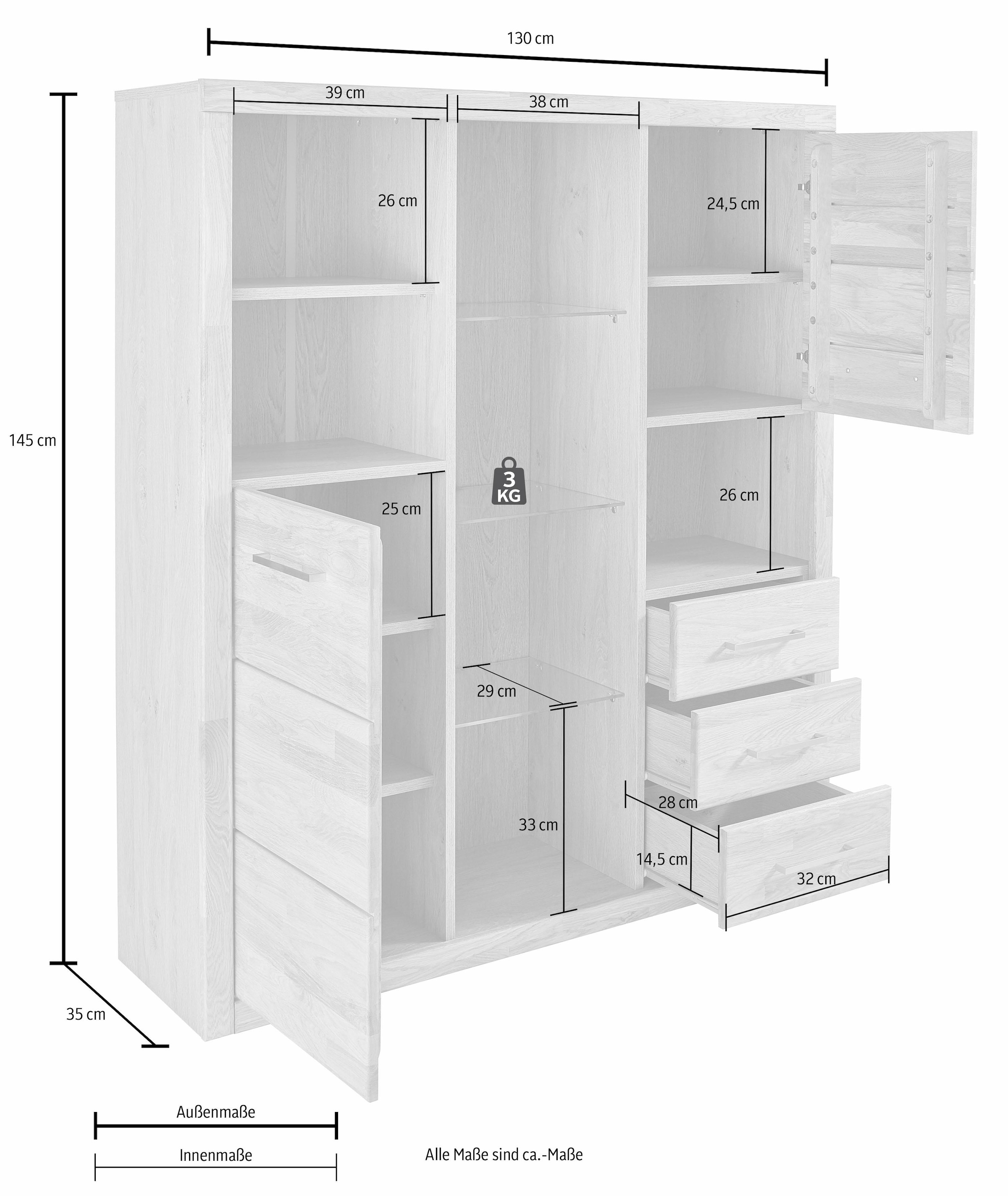 Home affaire Highboard »Ribe,130cm breit145cm hoch,Fronten Massivholz,12 Fächer« Korpus  aus Holzwerkstoff, Metall Griffe,Böden versetzbar