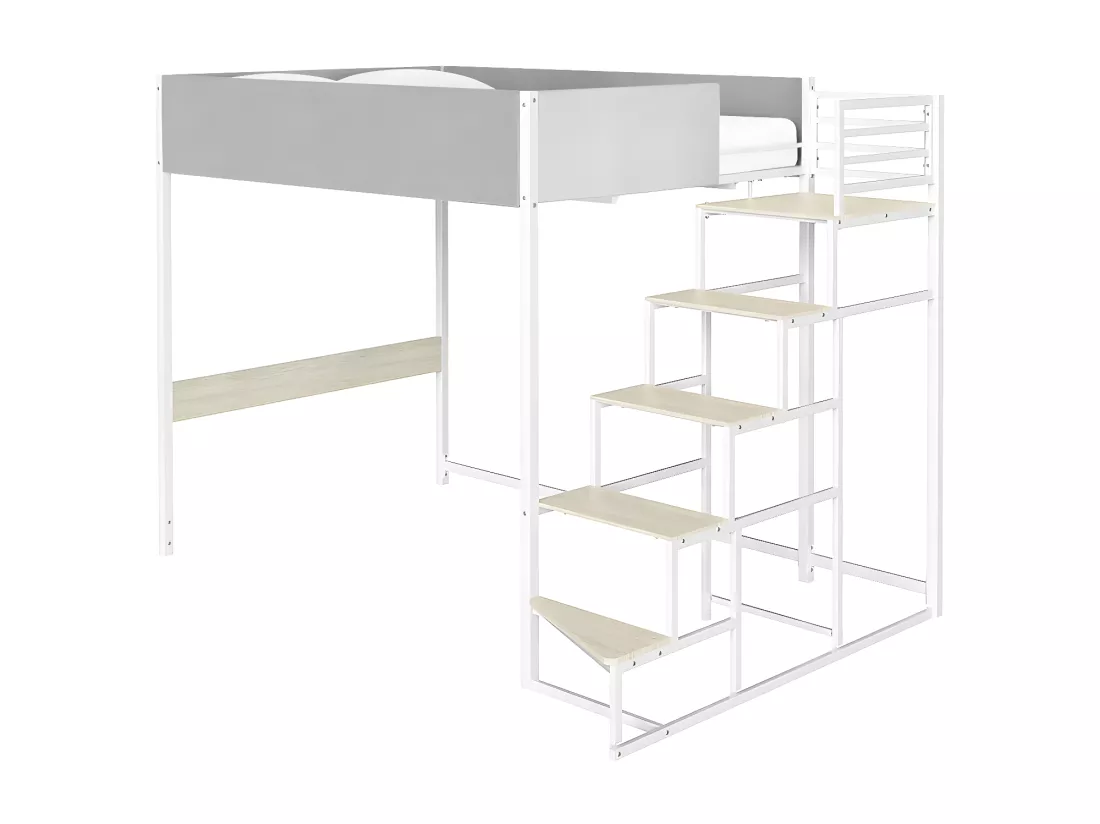 Lit mezzanine avec sommier + escalier en tissu gris clair, métal blanc et mélamine imitation chêne - grand couchage 140x190 cm - DOCKLAND