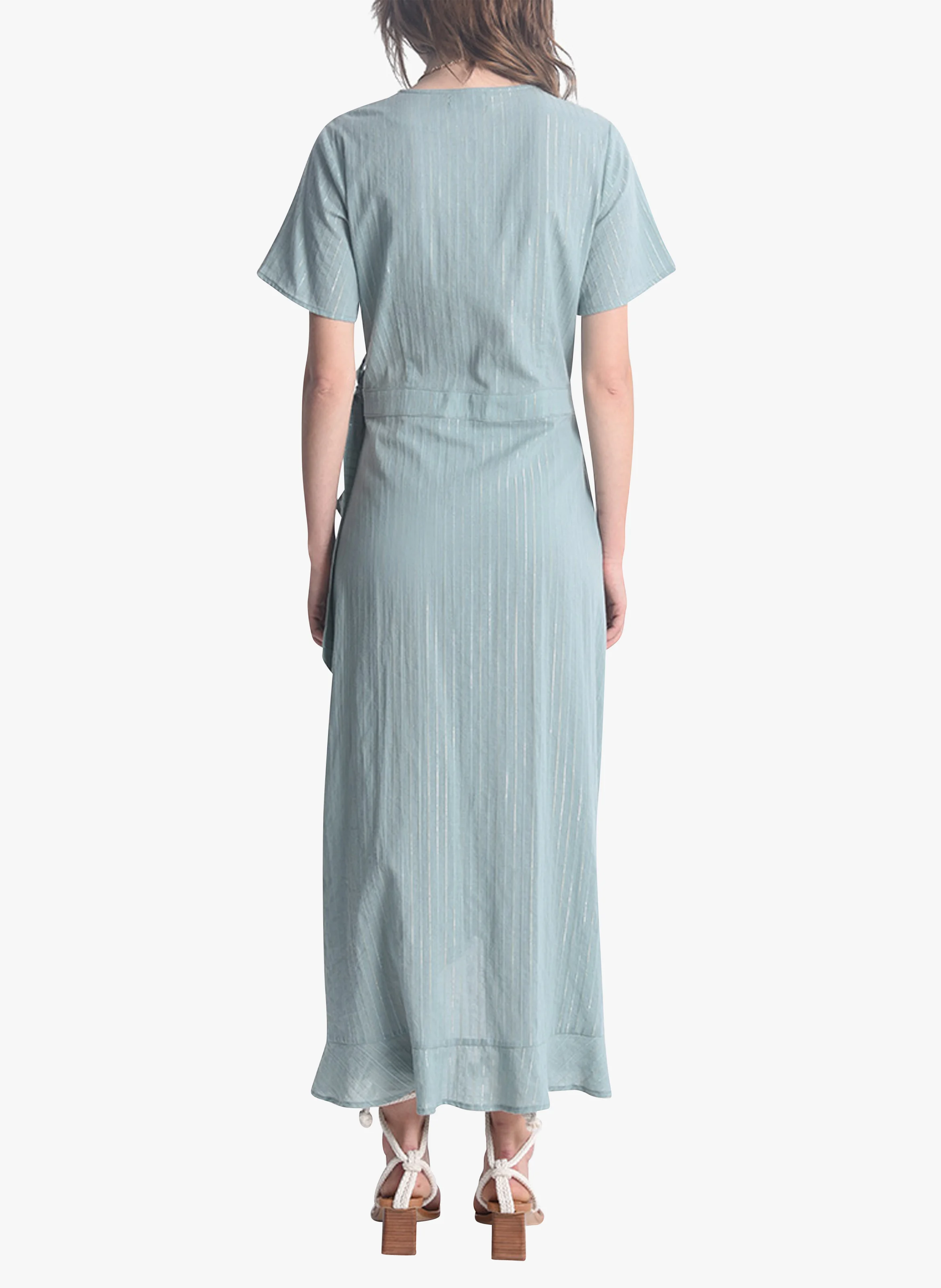Robe longue encolure V rayée lurex en coton | Vert