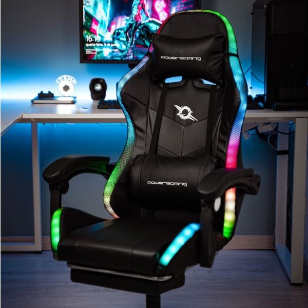 Cadeira Gaming PowerGaming LED RGB Preta com Apoio para os Pés