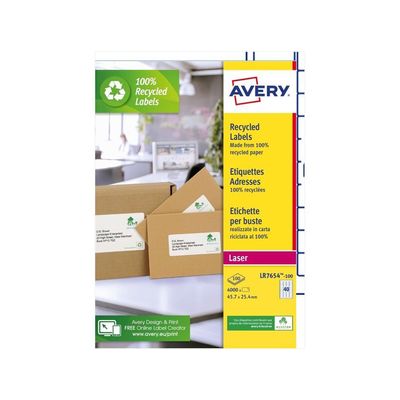 Avery - 4000 Étiquettes adresse recyclées blanches - 63,5 x 46,6 mm - Impression laser - réf LR7654-100