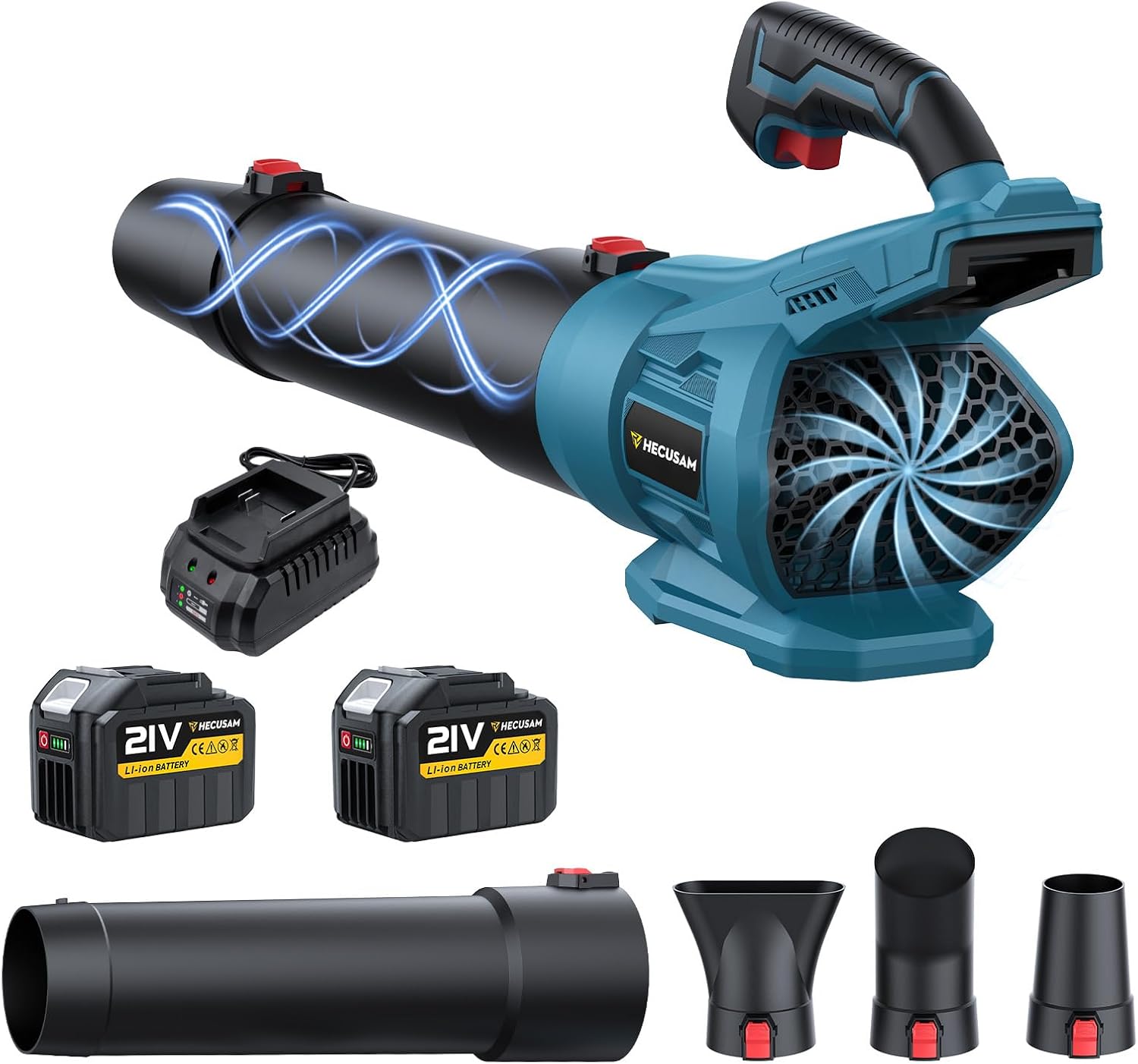 Akku-Laubbläser, Hecusam Laubbläser Für Makita 18v Akkus, Bürstenloser Motor mit 2 Batterien, 288 km/h & 800 m³/h, Ladegerät, Akku Gebläse Mit 3 Blasdüsen für Gartenpflege/Staub/Laub