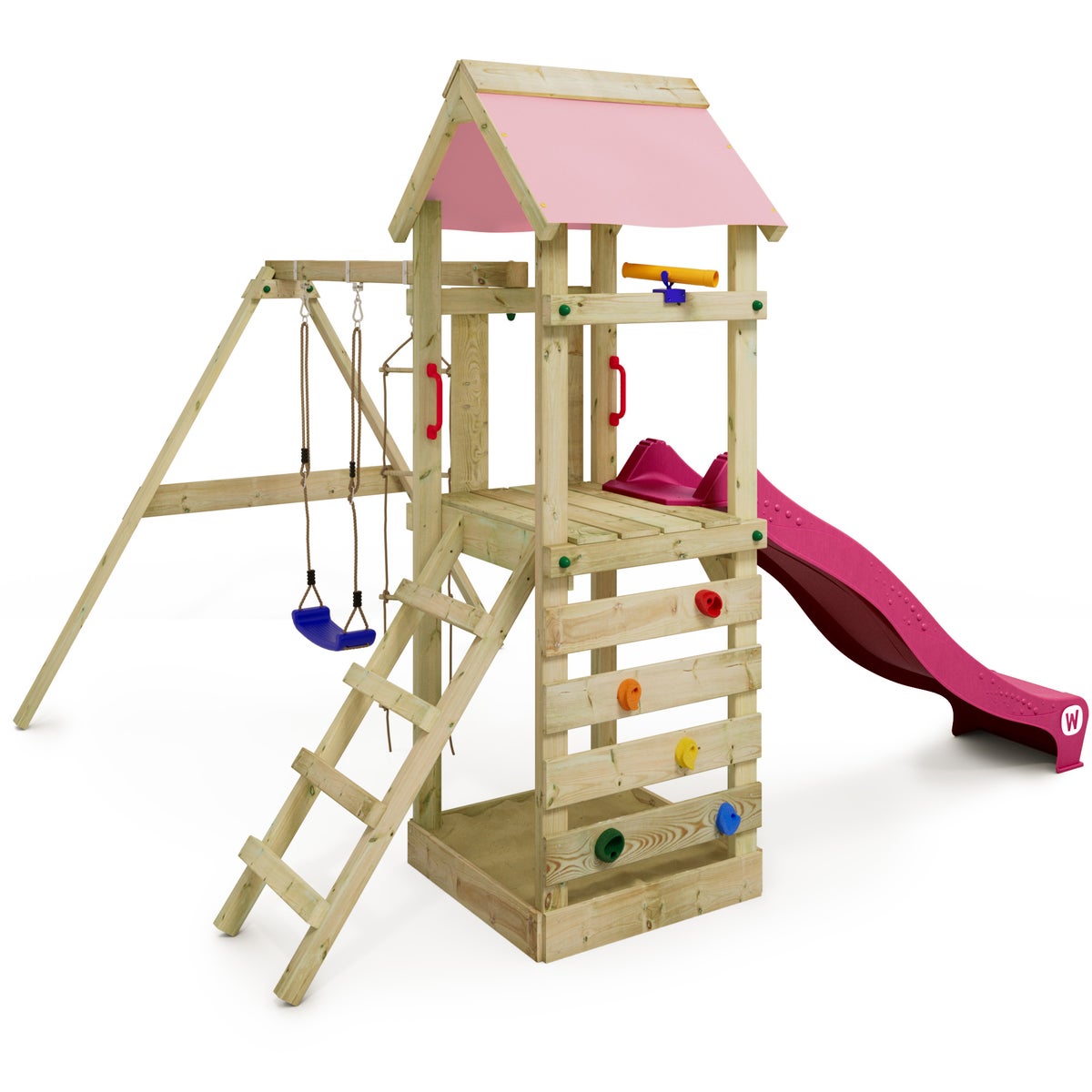WICKEY FreeFlyer Speeltoren Klimrek met Schommel en Glijbaan, Klimtoren met Zandbak, Ladder en Speelaccessoires – Pastel Roze