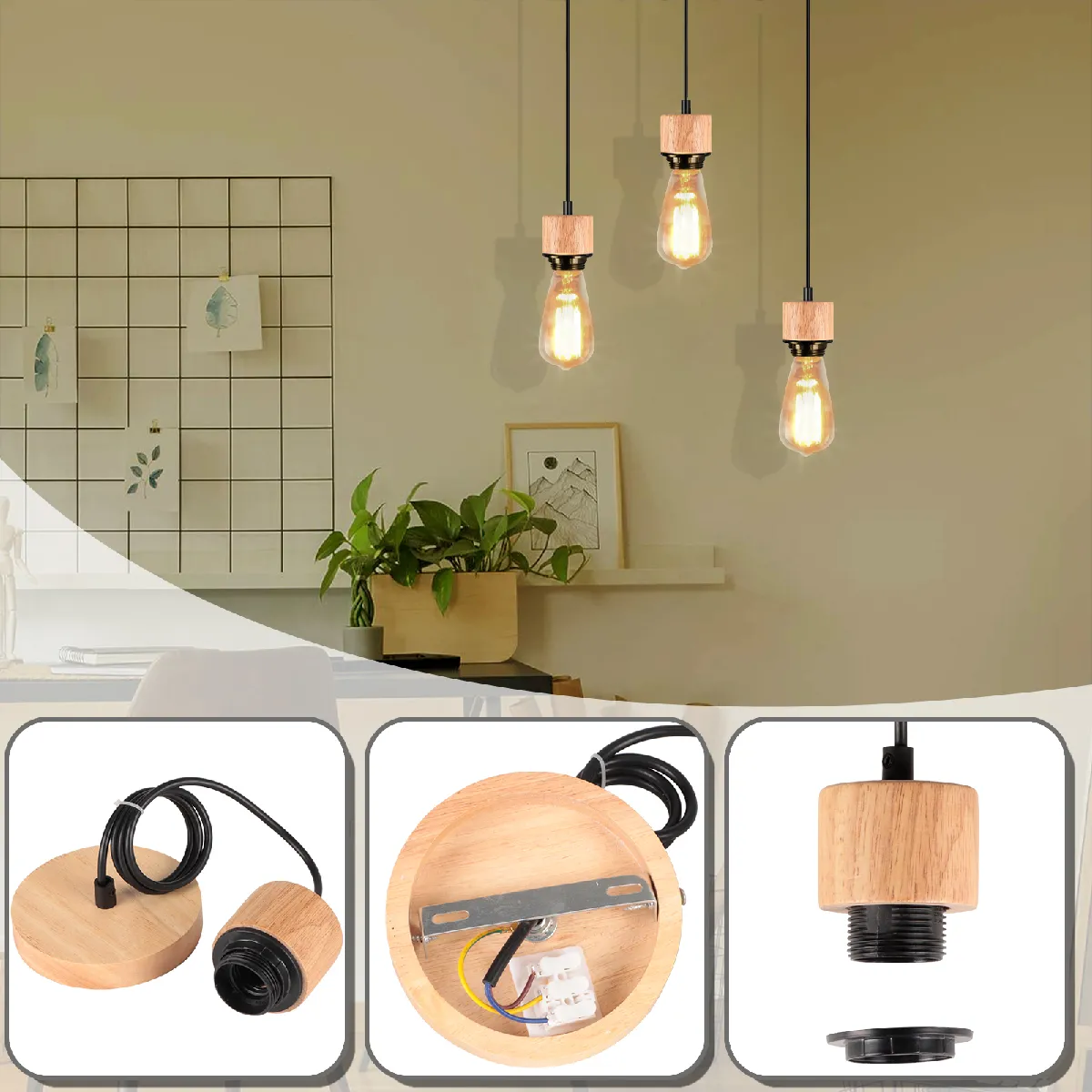 Stoex (2X) Suspension Luminaire Rétro Lustre Simple D'Intérieur Suspension Lustre En Bois E27 Pour Couloir De Cuisine De Chambre À Coucher