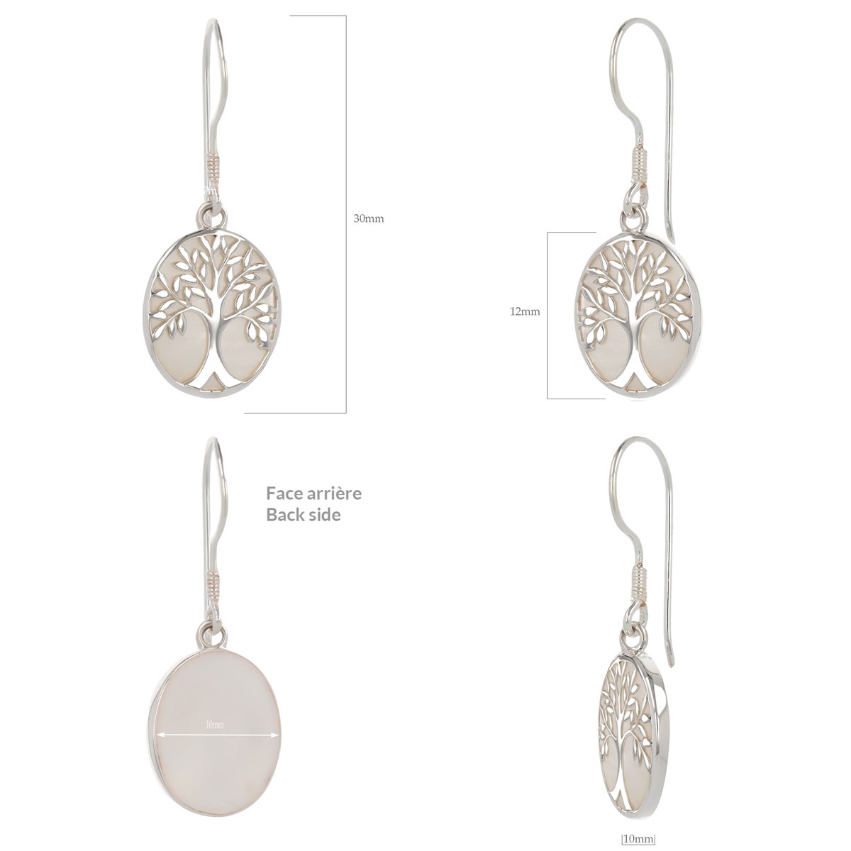 Boucles d'oreille Arbre de vie en Nacre blanche, Argent massif rhodié, forme ovale - Achetez en ligne