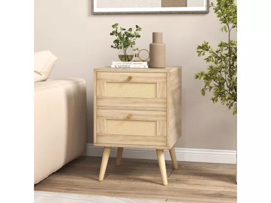 Table de Chevet en Rotin, Table de Nuit Bois avec 2 Tiroirs et 4 Pieds en Pin, Porte Cannage, Table d'appoint scandinave pour Salon, Chambre, Style Bohème, 40 x 40 x 59 cm (1, 40x40x59cm)