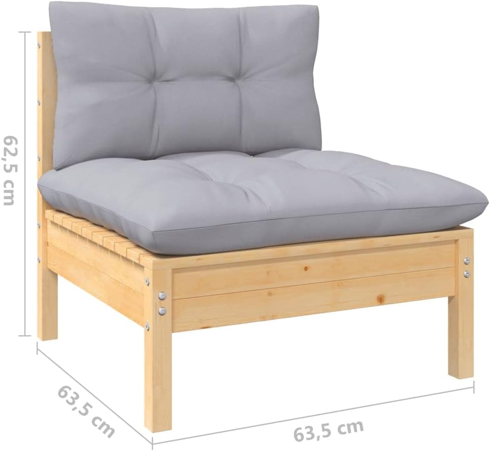 vidaXL Gartensofa 2-Sitzer, Gartenmöbel 2 Mittelsofa mit Grauen Kissen, Modular Sofa Lounge Sitzgruppe für Garten Terrasse Balkon, Loungemöbel, Massivholz Kiefer