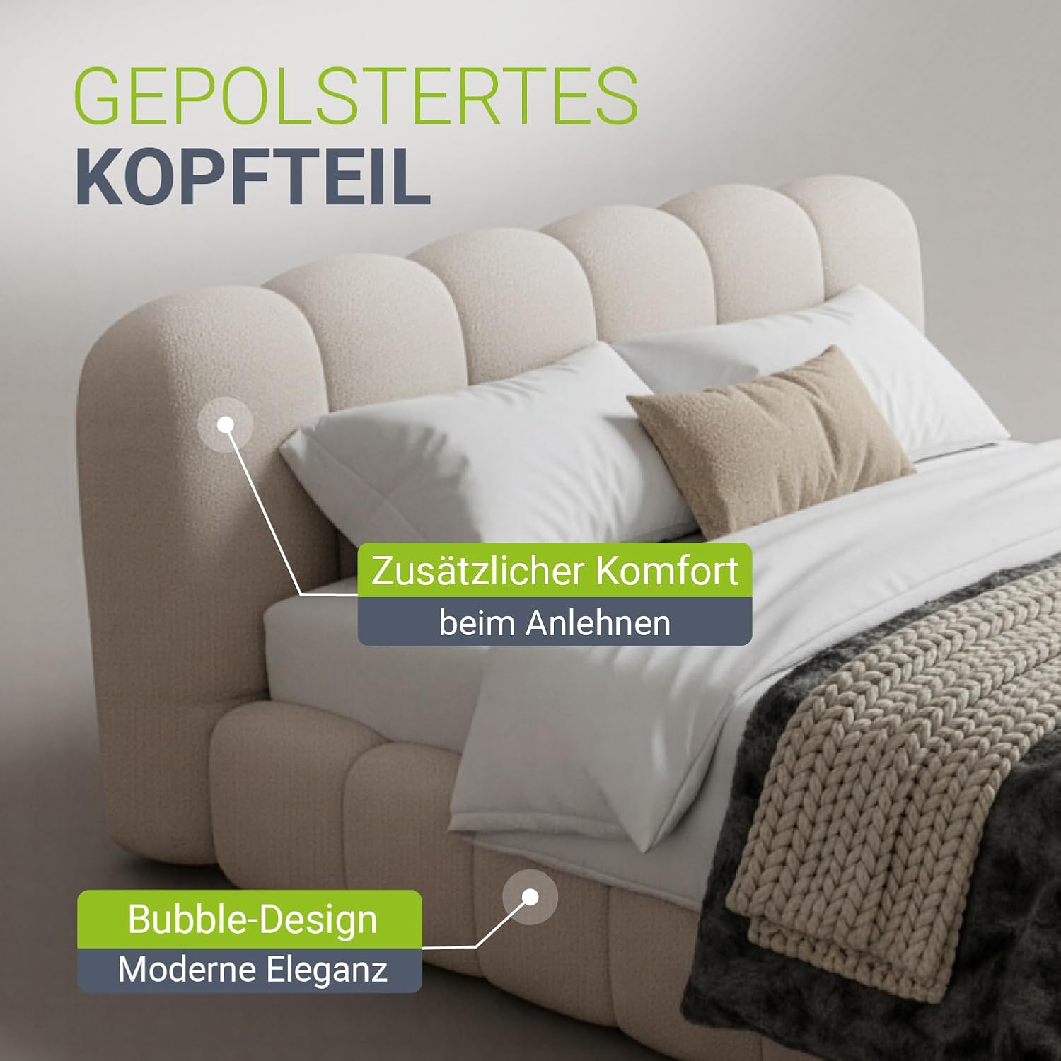 Juskys Polsterbett Catania - Modernes Bubble Design, gepolstertes Kopfteil, stabile Kontruktion- 180 x 200 cm - Beige