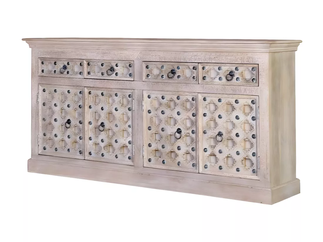 Bahut 4 Tiroirs Bois, Fer Blanc 190x40x92cm Bois-Fer - Yzaline Décoration d'Autrefois