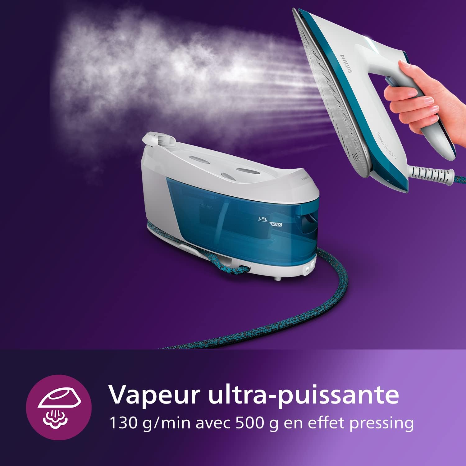 Philips PerfectCare 6000 Series Générateur De Vapeur - 2400 W, Effet Pressing jusqu'à 500 g, Pression De 6,5 bars, Technologie OptimalTEMP, Réservoir De 1,8 l, Blanc/Bleu (PSG6022/20)