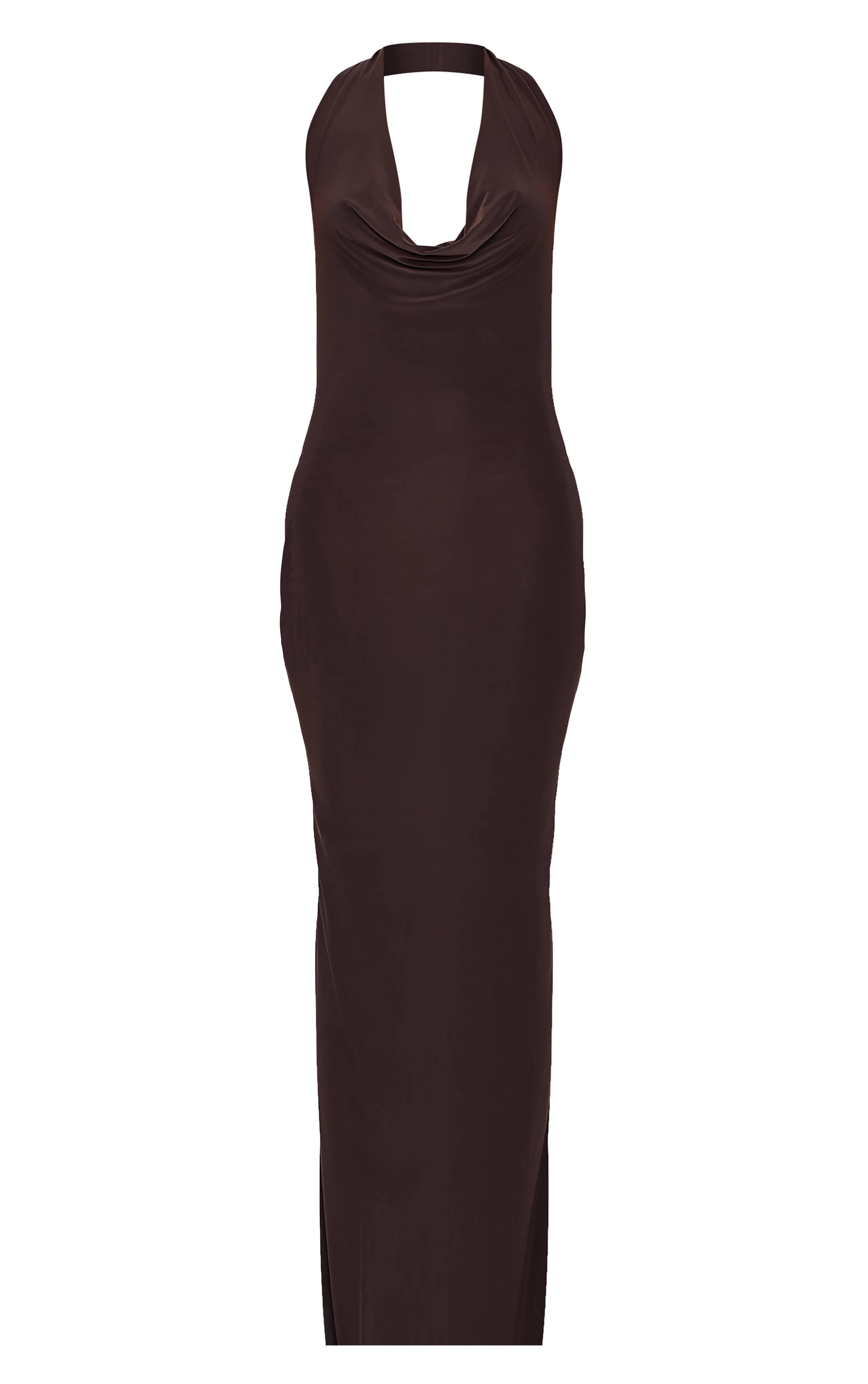 Chocolat Robe Longue Toucher Doux Col Bénitier Détail Dos Torsadé