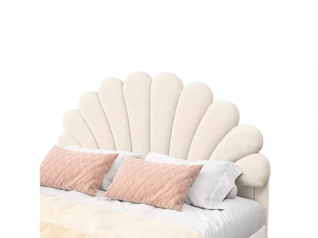 Lit double rembourré en velours - 140x200cm - tête de lit en forme de fleur - avec sommier à lattes - Beige