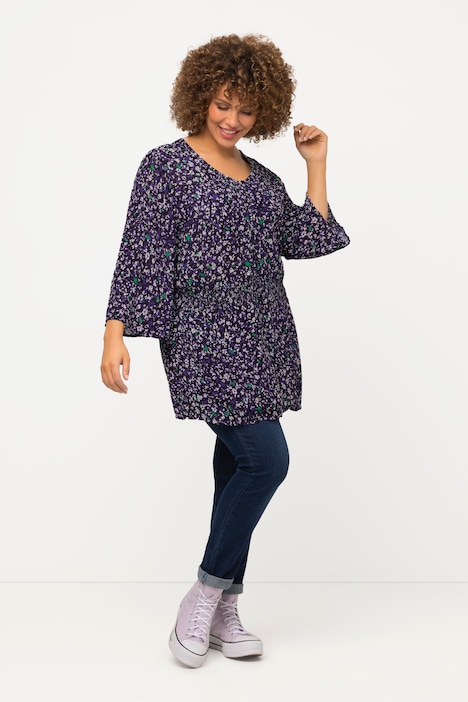 Bluse, Smokeinsatz, V-Ausschnitt, 3/4-Arm