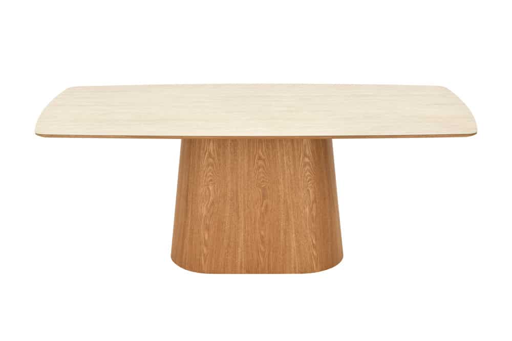 Design Esstisch UNIQUE 200cm natur braun Travertin Keramik Eichenholz Säulenfuß