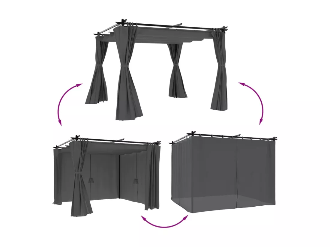 Tonnelle avec rideaux anthracite 3x3 m acier