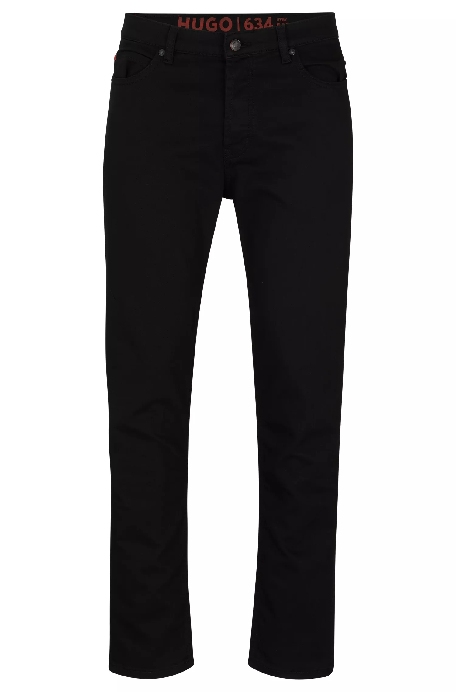 Calça jeans HUGO vermelha, corte afunilado, em denim preto com elasticidade confortável.