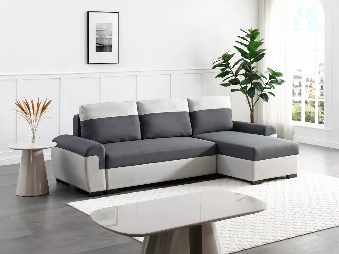 Canapé d'angle réversible et convertible en tissu anthracite et gris clair GABY II