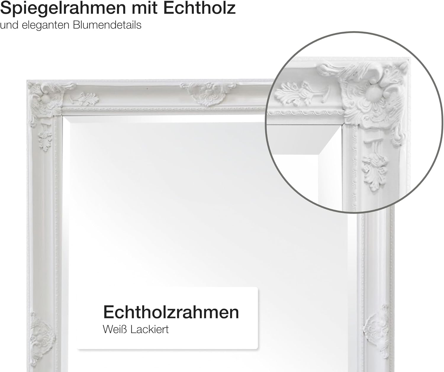 Wandspiegel Barock weiß ca. 200 x 100 cm Antik-Stil m. Facettenschliff XL Ganzkörperspiegel, Gaderobespiegel, Flurspiegel, Spiegel klassisch