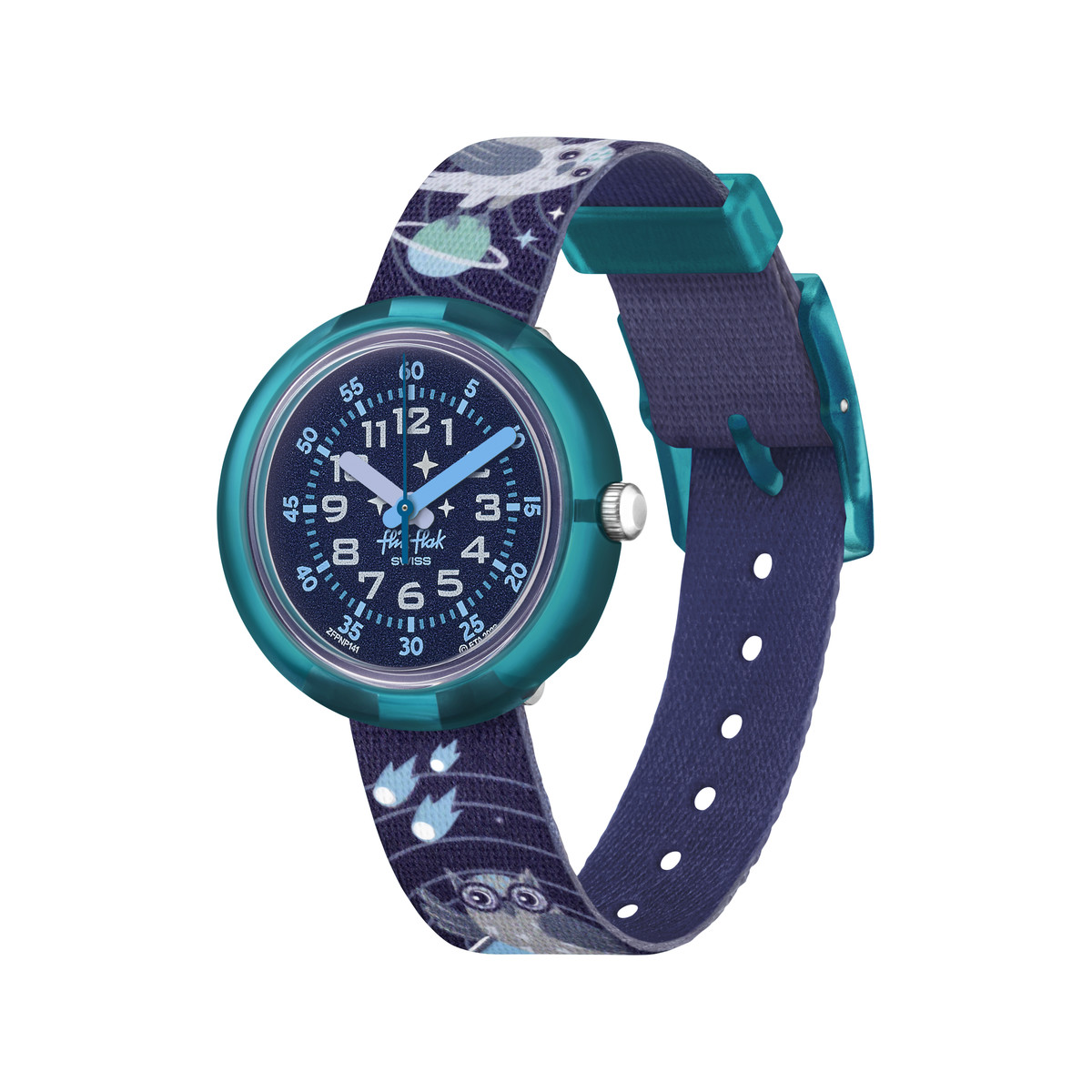 Montre FLIK FLAK Future dreams Take me to space enfant plastique biosourcé bracelet PET recyclé bleu