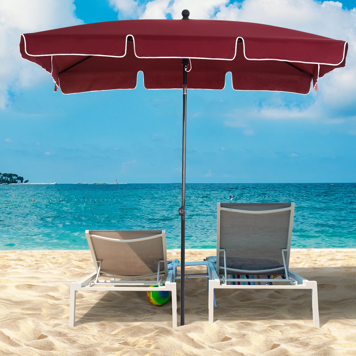 Guarda-sol de jardim retangular Outsunny em alumínio, 198x130x245 cm, com função de inclinação, ideal para terraços, pátios e áreas externas, na cor vermelho vinho.