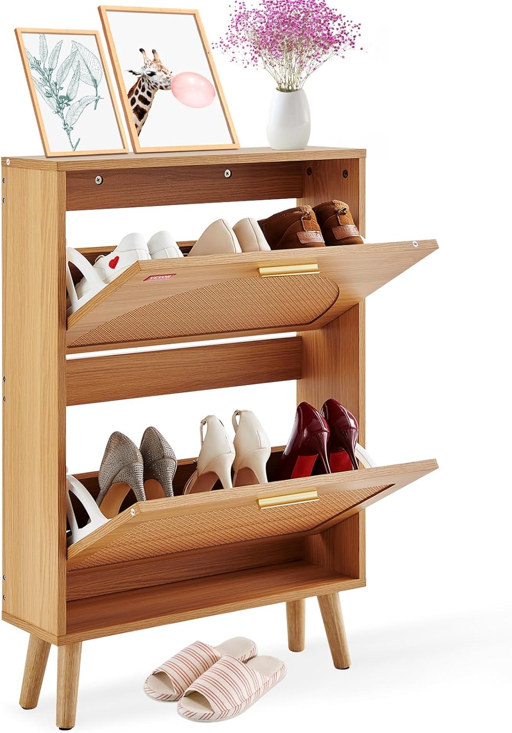VEVOR Schuhschrank Schmal, Schuhregal Holzfarbe, 600 x 168 x 877 mm Schuhkipper mit 2 Klappen + oberem Staufach, Schuhkommode 36,28 kg Tragfähigkeit, Aufbewahrungsschrank Schuh Massivholz für Flur