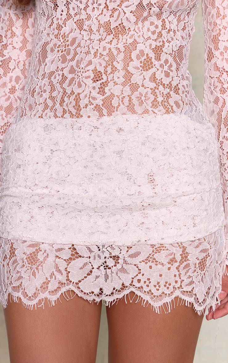 Blanc Robe Moulante Drapée En Dentelle Transparente À Manches Longues