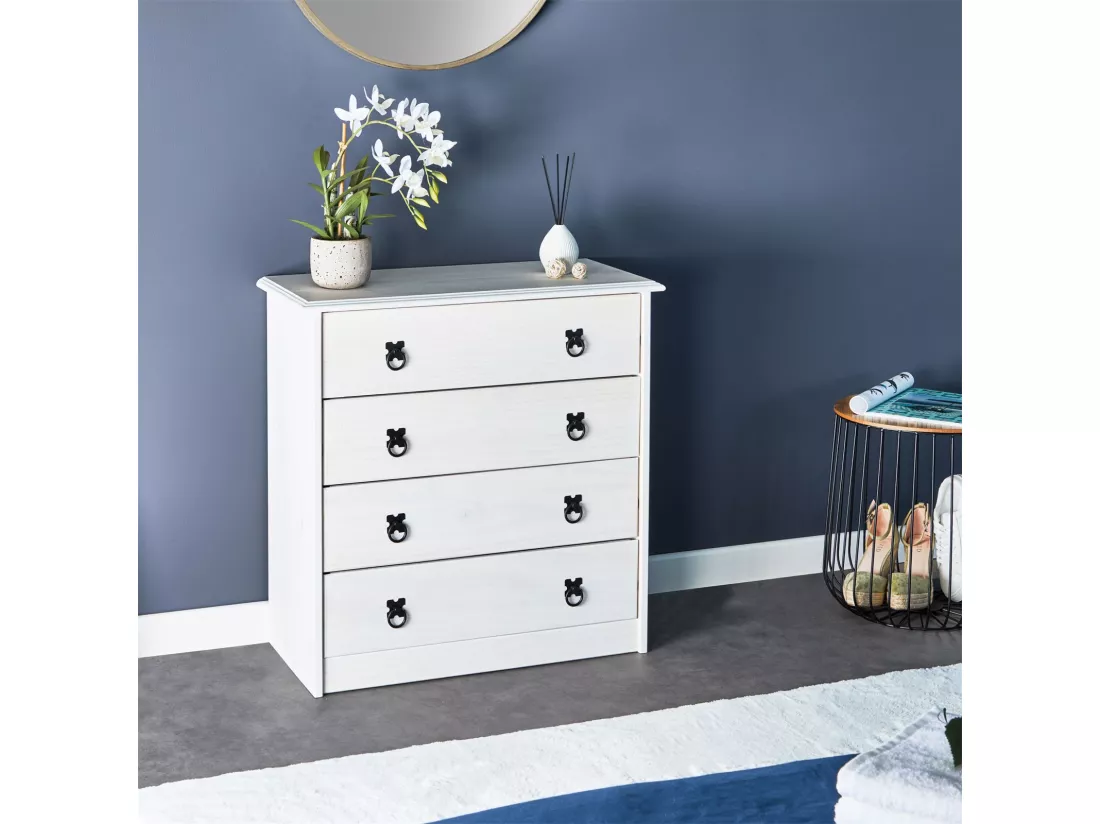 Commode en pin RESIDENCIA 4 grands tiroirs buffet bahut vaisselier en bois style mexicain, lasuré blanc