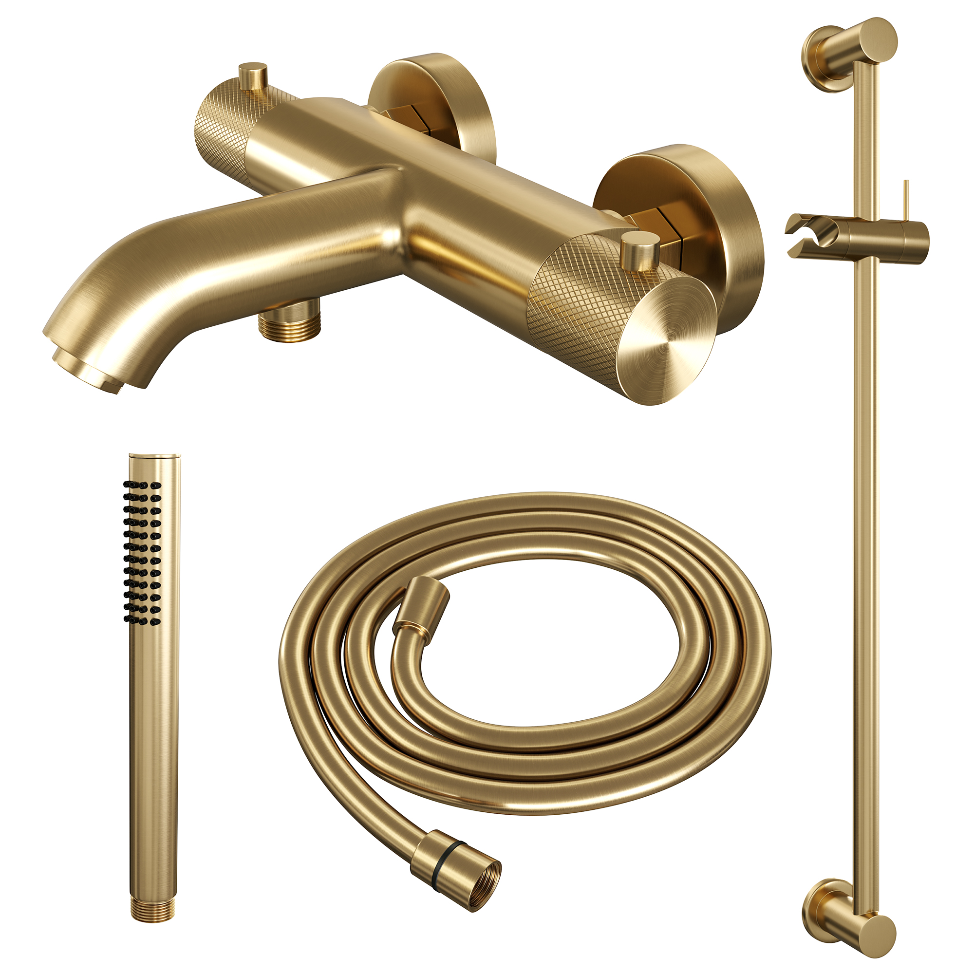 Brauer Gold Carving thermostatische badkraan met glijstang en staafhanddouche geborsteld messing PVD