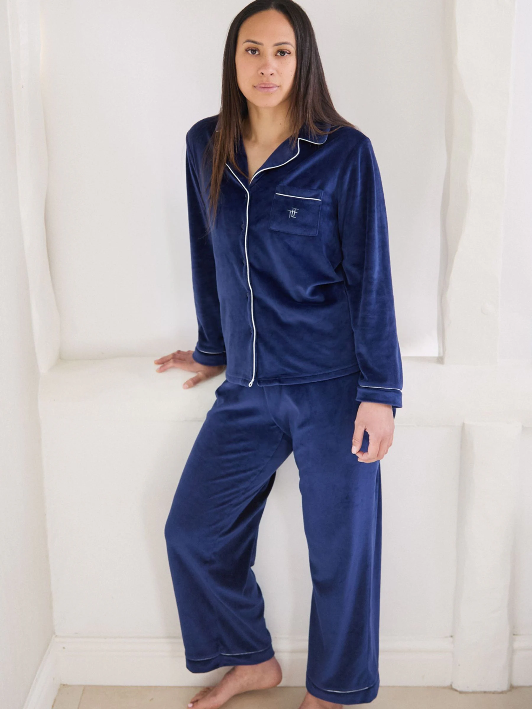 Blauw - The Little Tailor luxe kerstpyjama van zacht aanvoelend velours
