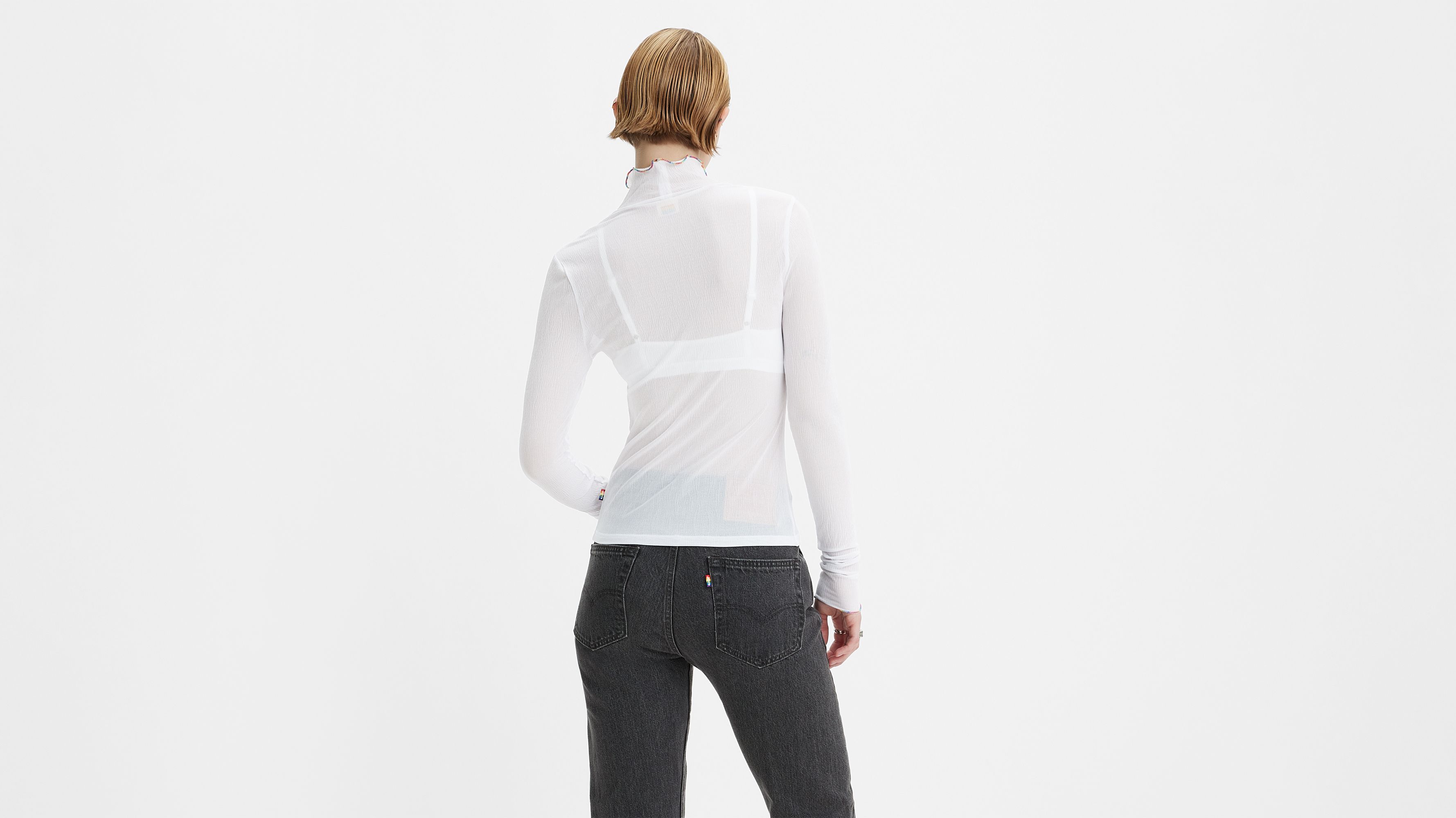 T-shirt manche longue 2e peau ourlet roulotté à effet ondulé - White - Blanc