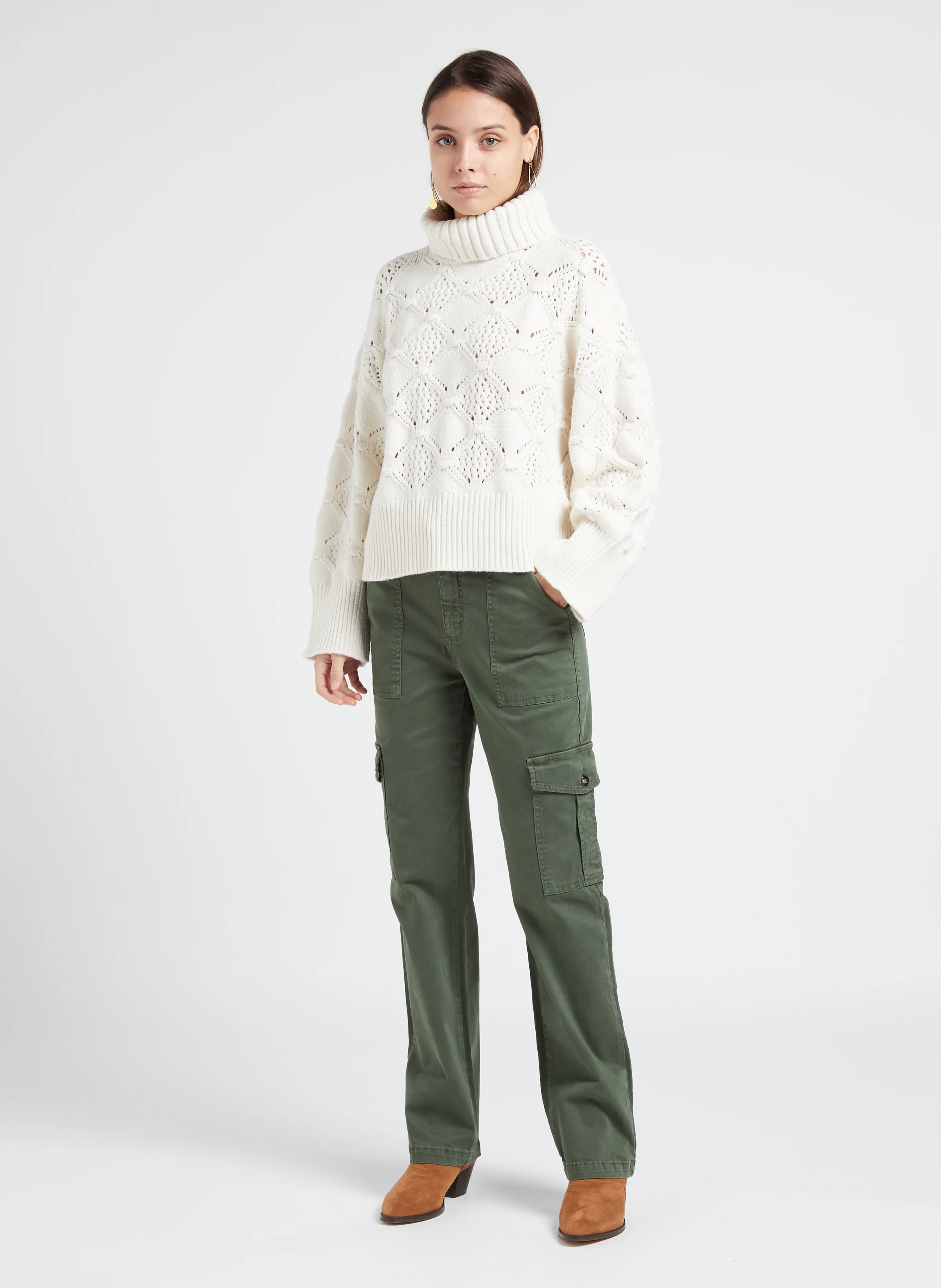 ELINO - Pull col roulé en coton | Beige