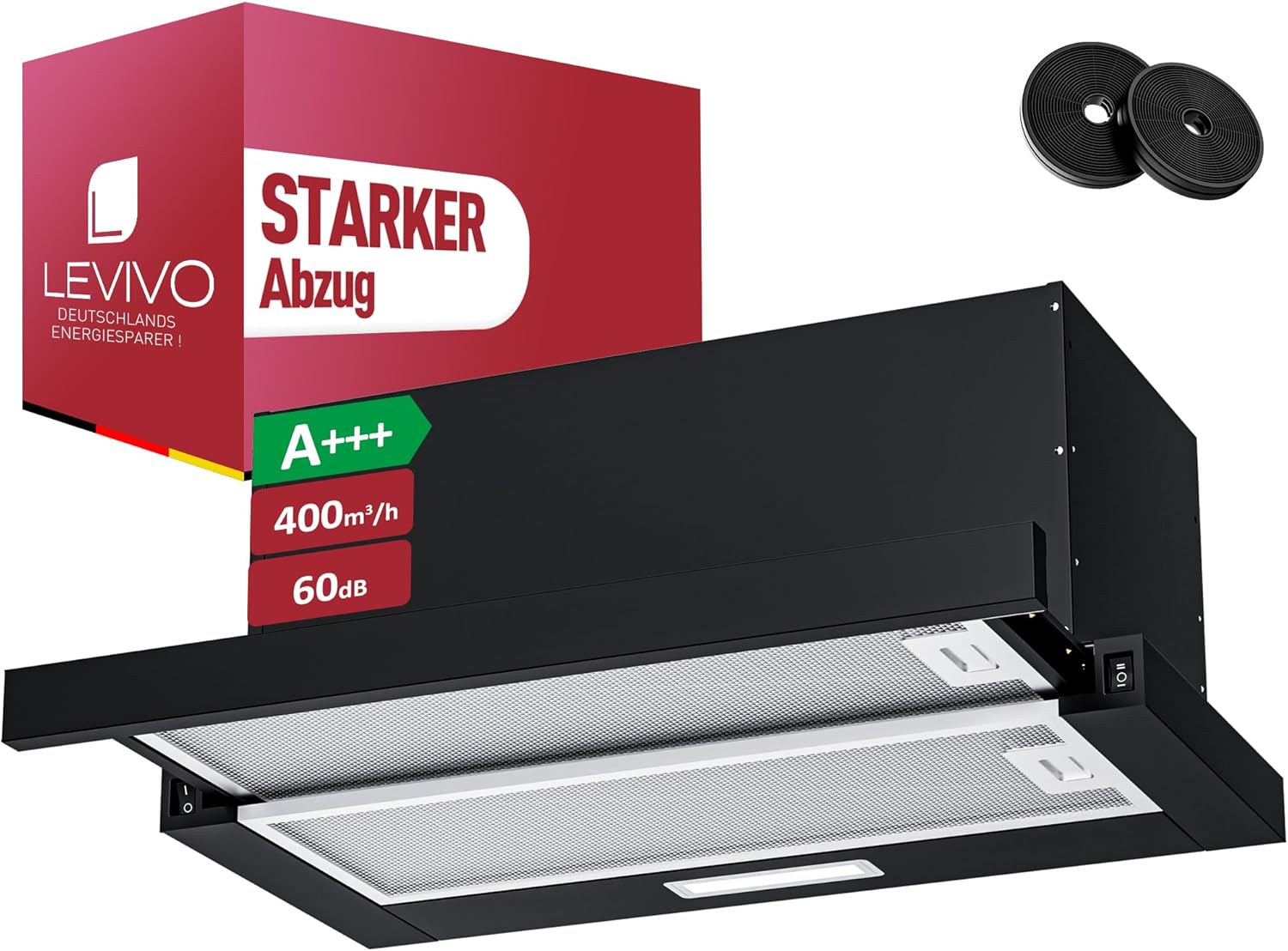 LEVIVO A+++ Flachschirmhaube 60cm Umluft & Abluft mit 400 m³/h, Einbau Dunstabzugshaube mit 2 Aktivkohlefiltern, 2 Fettfiltern, 2 Stufen, LED-Licht, Dunstabzugshaube 60cm Unterbau, Schwarz