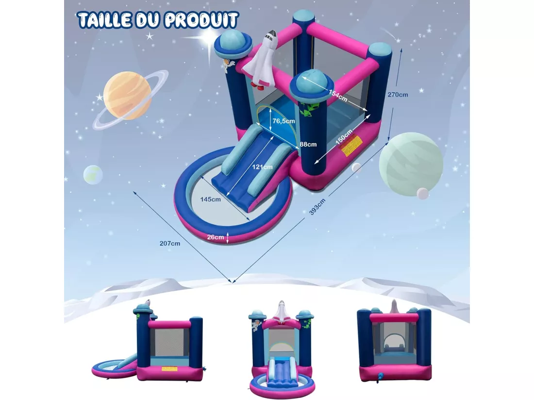 Toboggan Aquatique Gonflable Thème de l'espace avec Gonfleur 480 W Piscine à Eclaboussures Toboggan Portable,Sac de Transport et Piquets