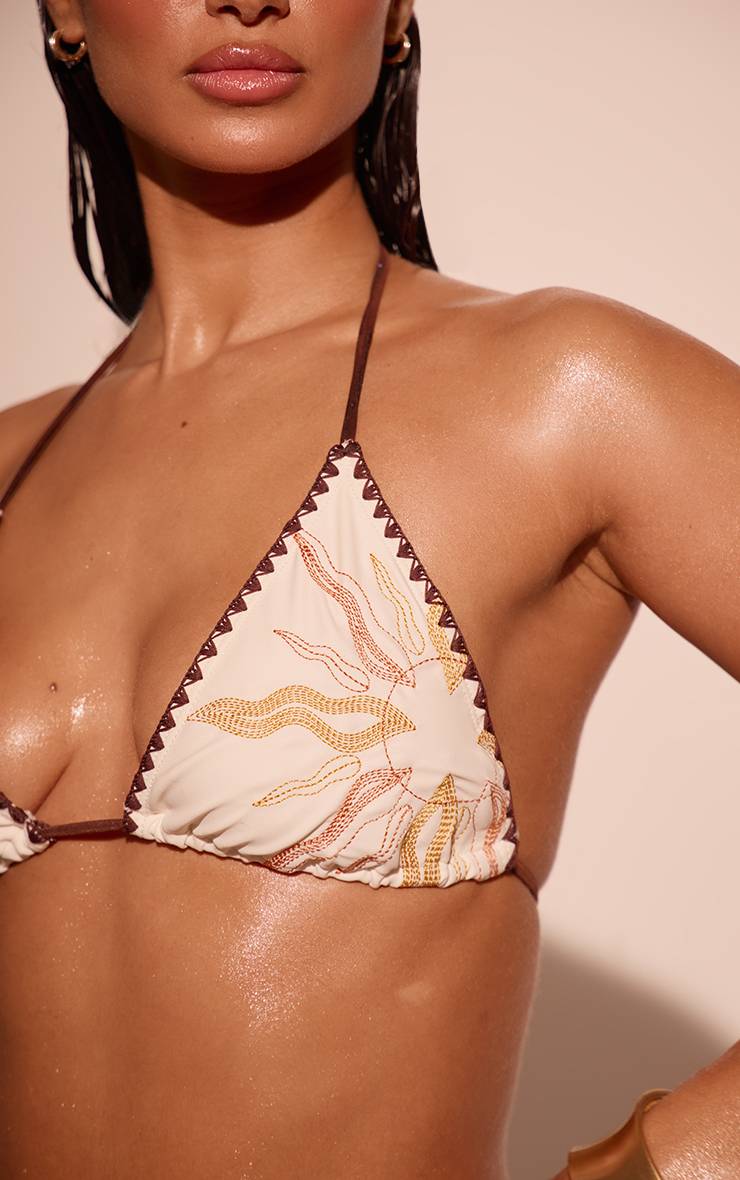 Crème Haut De Bikini Triangle Crème Avec Broderie Soleil Et Surpiqûre