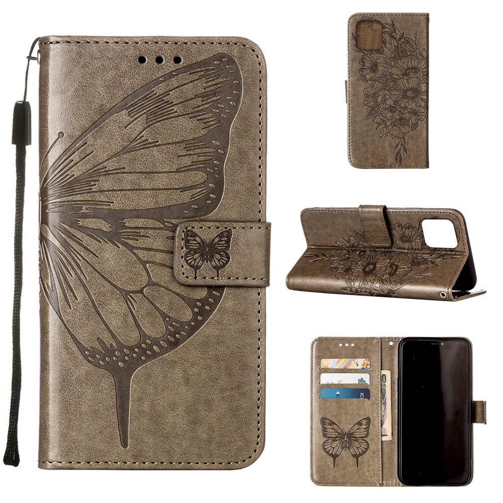 iPhone 13 Pro Leder Tasche mit Kartenfach   Handschlaufe Schmetterling / Blumen - Grau