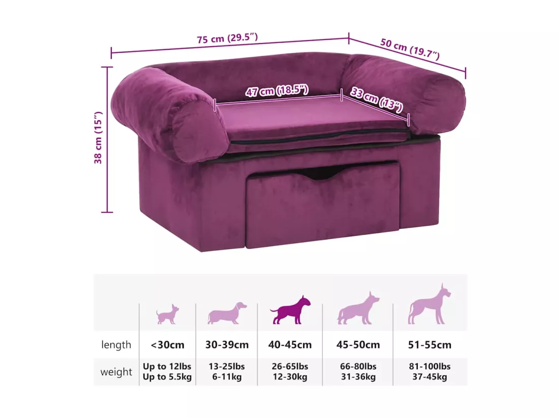 Canapé pour chien avec tiroir Bordeaux 75x50x38 cm Peluche