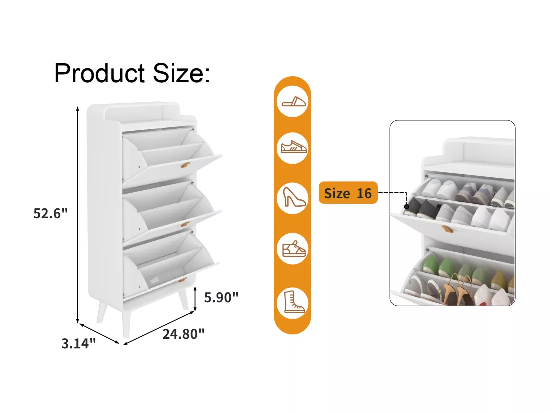 Haobosic - Armoire à chaussures avec 3 tiroirs rabattables, meuble de rangement pour entrée, étagère étroite avec compartiment supérieur,blanc