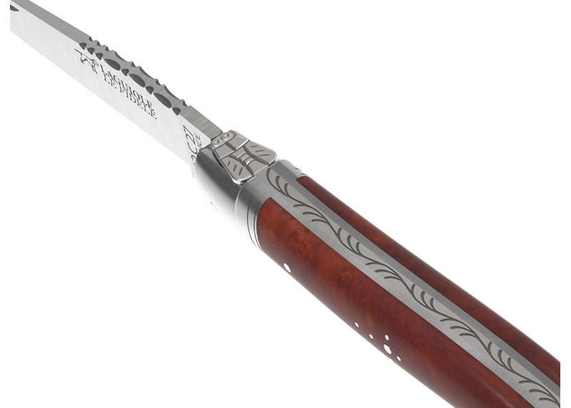 Couteau Laguiole avec un manche en loupe d'amboine et 2 mitres en acier inoxydable
