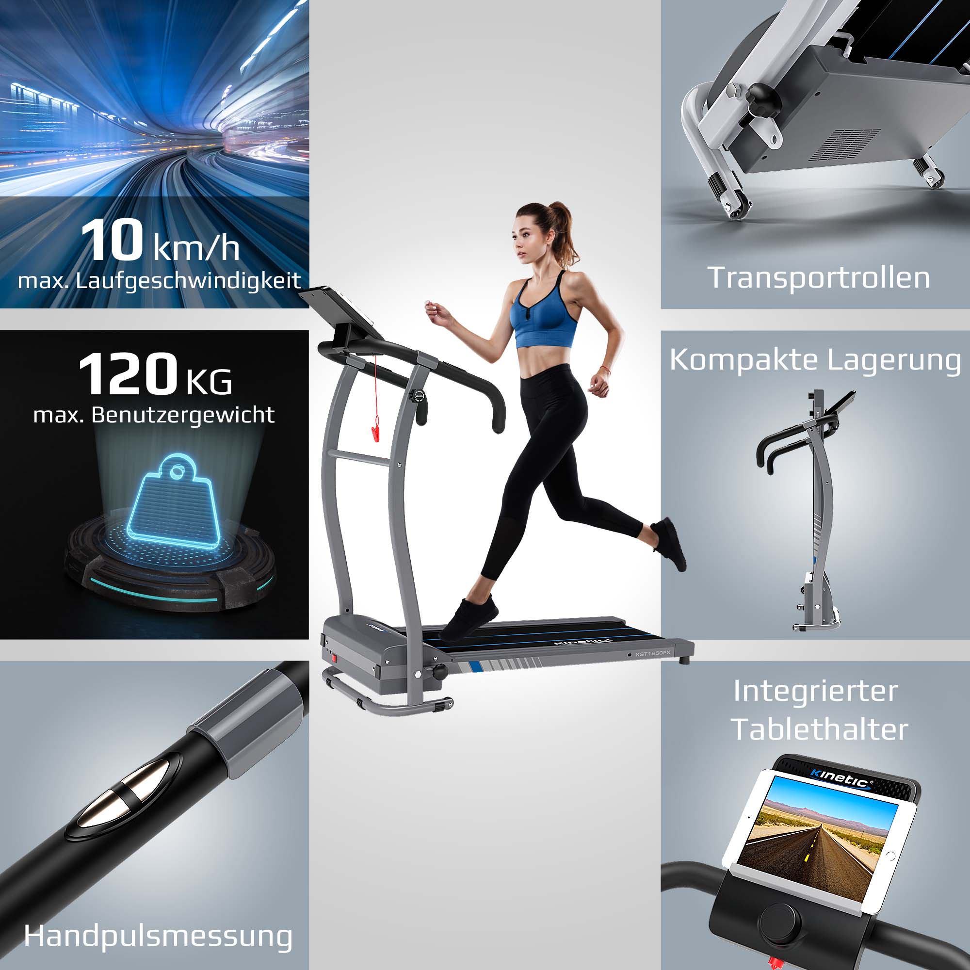 KINETIC SPORTS Laufband klappbar KST1650FX mit 600 Watt kraftvoller Elektromotor, Trainingscomputer mit 6 Programmen, Geh- und Lauftraining, stufenlos einstellbar bis 10 km/h, kompakt verstaubar