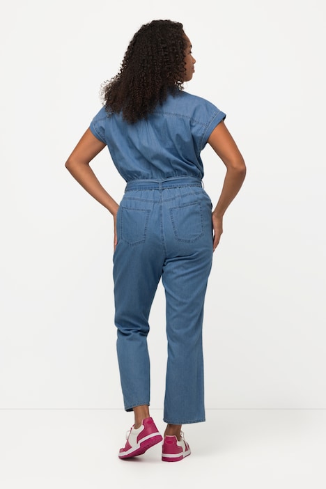 Jeans-Jumpsuit, Hemdkragen, elastische Taille, Halbarm