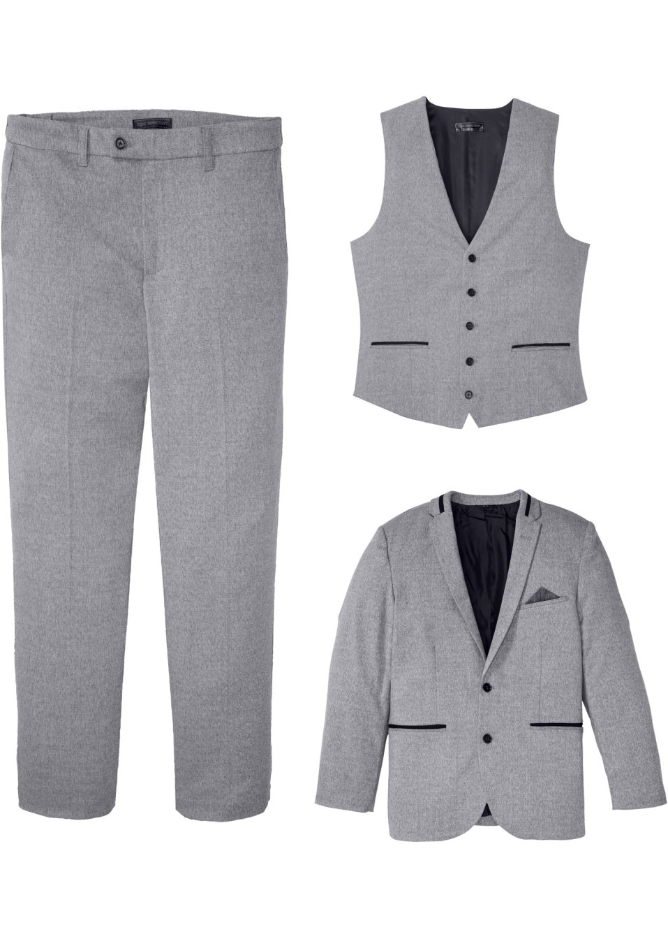 Costume 3 pièces : veste de costume, pantalon, gilet sans manches