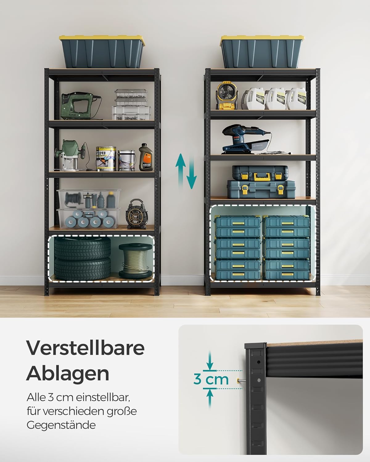 SONGMICS Standregal, 2er Set, Bücherregal, Lagerregal, 5 Ablagen, Küchenregal, Regal, 50 x 100 x 200 cm, bis 600 kg belastbar, verstellbare Ablagen, Industrie-Design, vintagebraun-schwarz GLR050B12