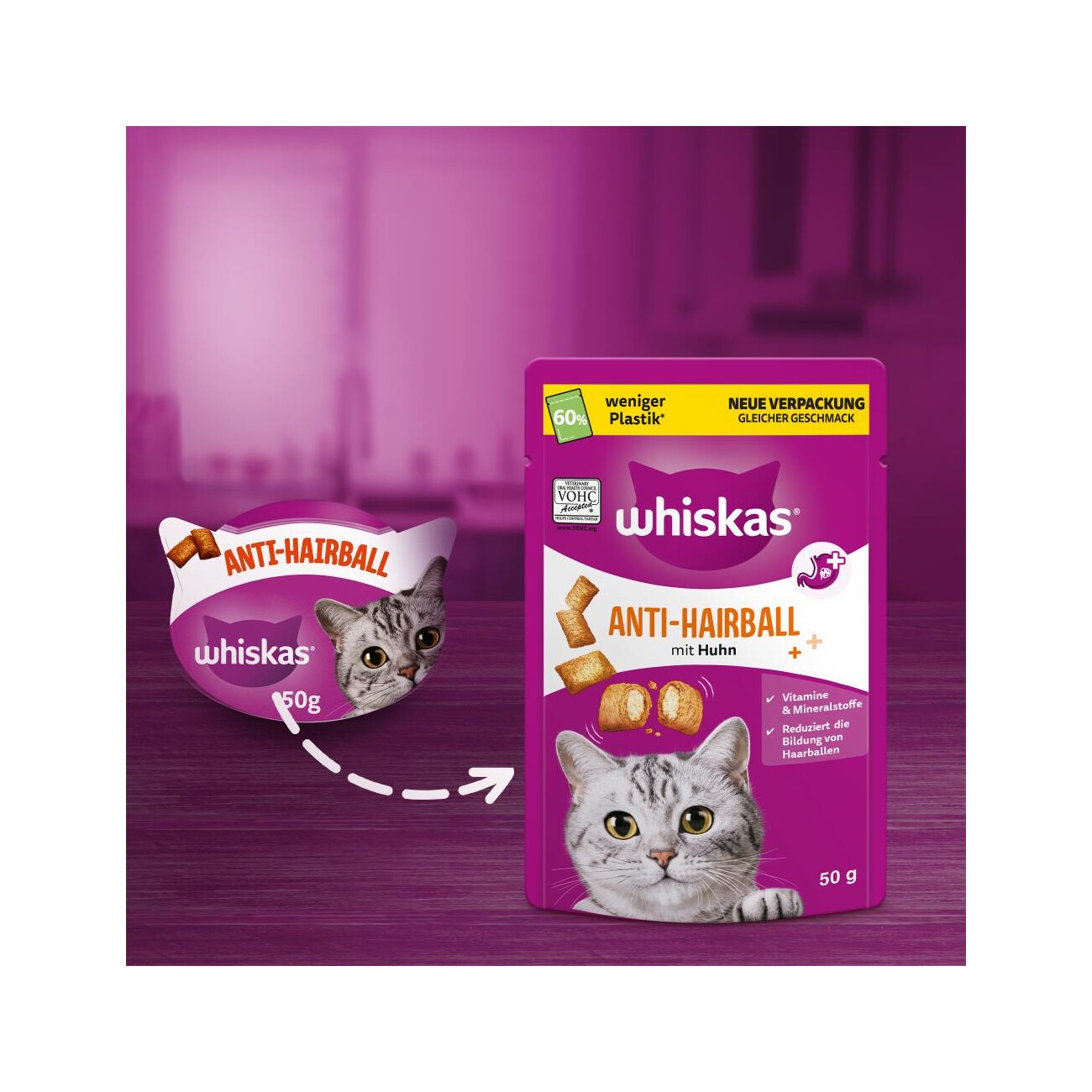Whiskas Snacks, Anti-Hairball, Huhn 6x50 g