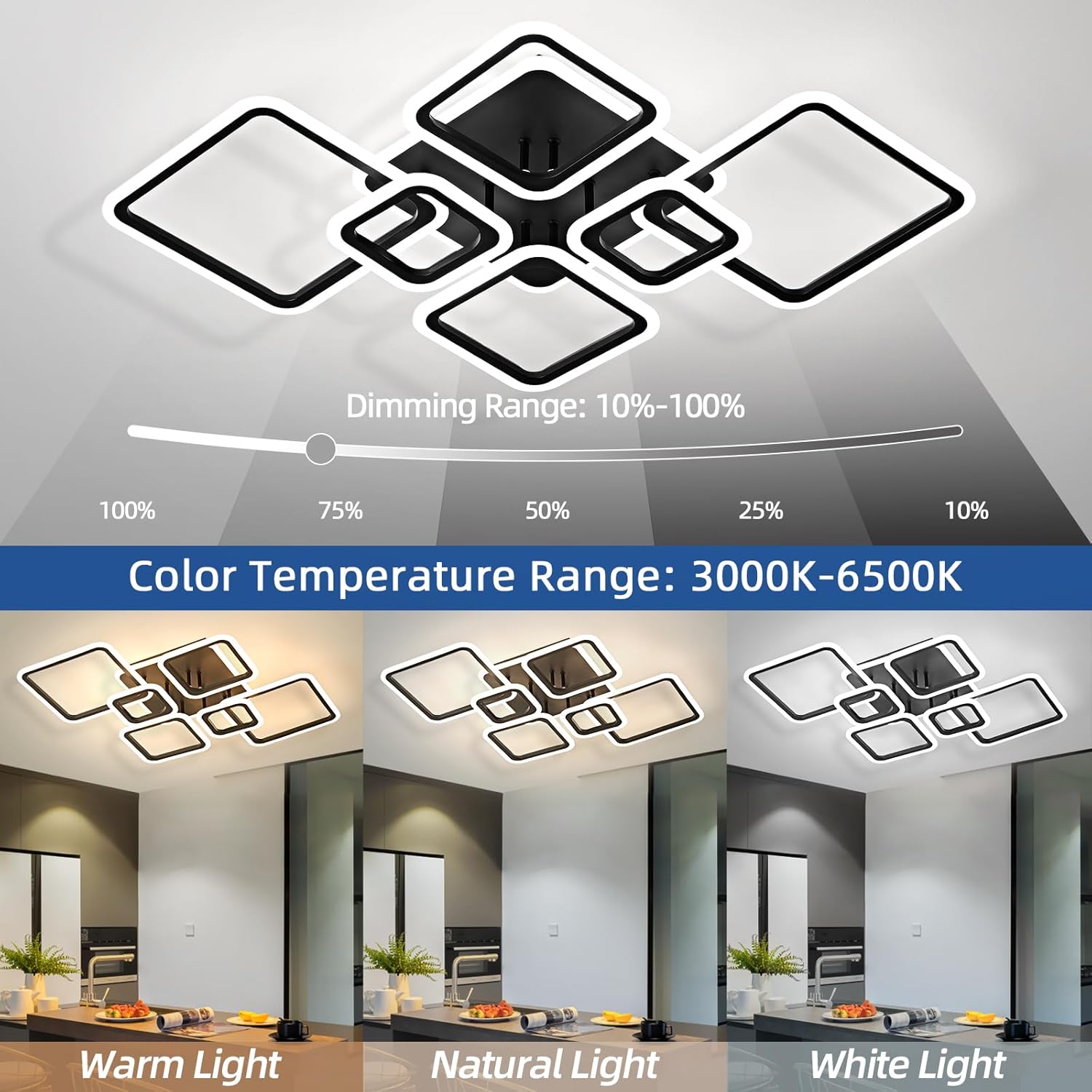 OKELI Moderne LED-Deckenleuchten, Dimmbar, Acryl-Deckenleuchte mit 6+1 quadratischen Ringen, Mit Fernbedienung, Große Schwarze Flush-Mount Deckenleuchte für Schlafzimmer, Wohnzimmer und Esszimmer, 48W