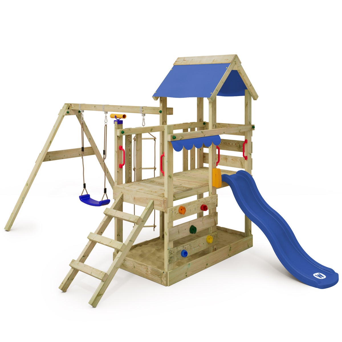 WICKEY TurboFlyer speeltoren klimtoestel met schommel en glijbaan, klimtoren met zandbak, ladder en speeltoebehoren - blauw