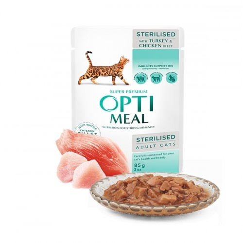 Alimento úmido Optimeal para gatos esterilizados, sabor peru e frango ao molho.
