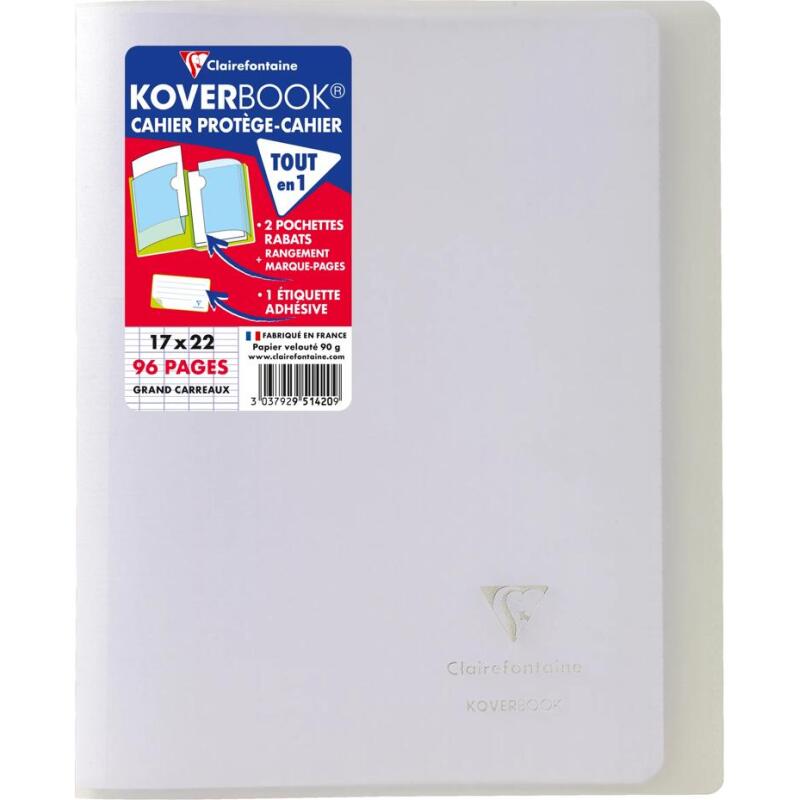 Cahier piqué Koverbook 17x22cm 96 pages grands carreaux couverture polypropylène transparent