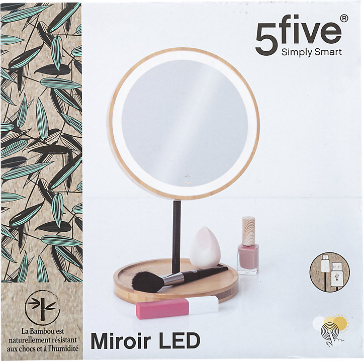 Miroir de salle de bains lumineux LED rond sur pied rechargeable IP20 pivotant 360° bambou métal, 5Five Modern