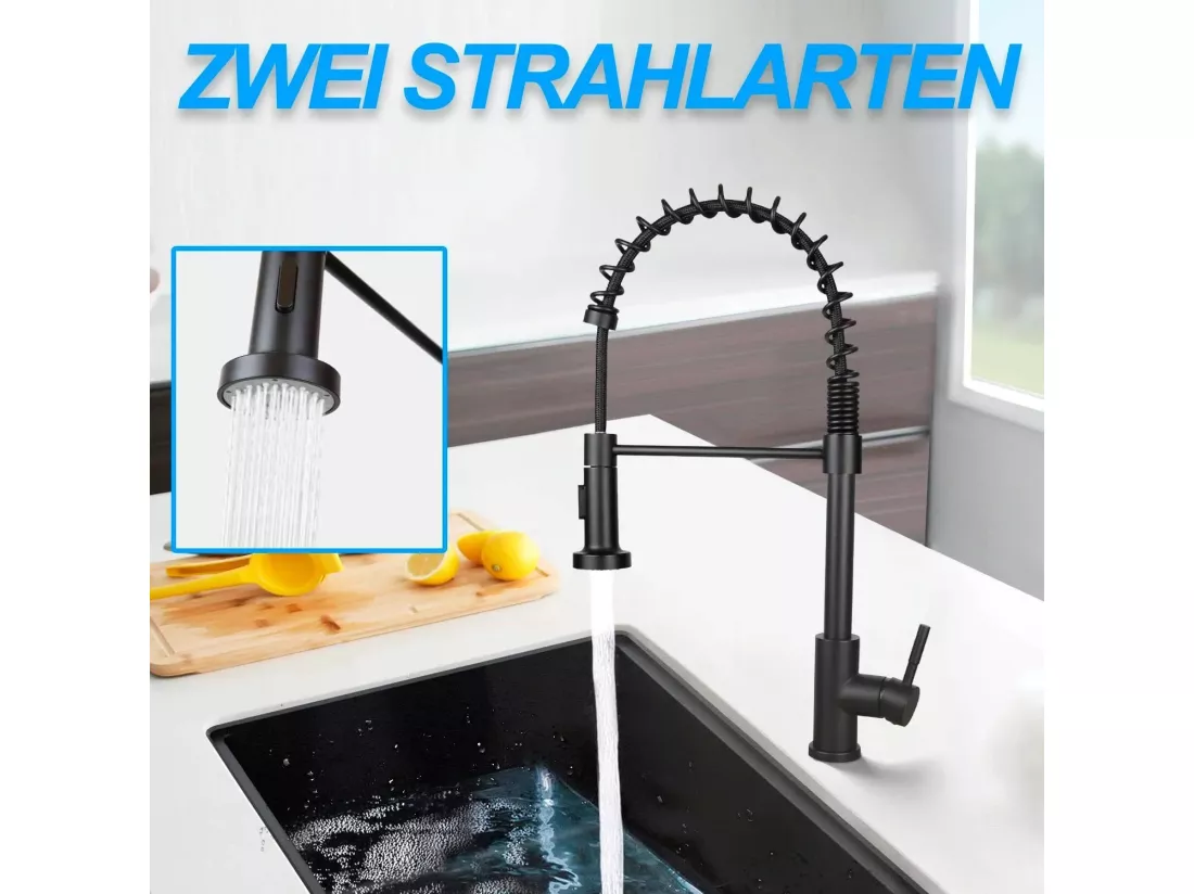 NETTLIFE Robinet de Cuisine avec Douchette Extractible Mitigeur Cuisine Bec Rotatif Mitigeur d'Évier haute pression avec 2 types de jets ，Noir